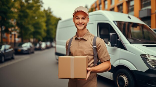 Delivery man holding cardboard box in front of the van