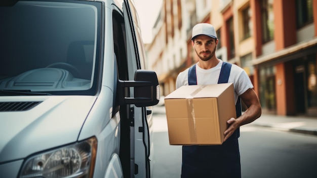 Delivery man holding cardboard box in front of the van