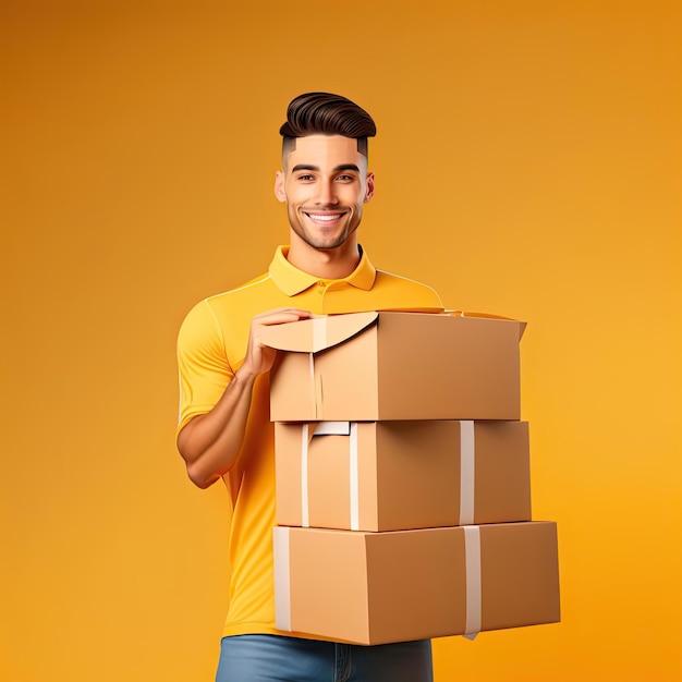 Photo delivery man holding cardboard boxes isolated on yellow background courier service delivery banner