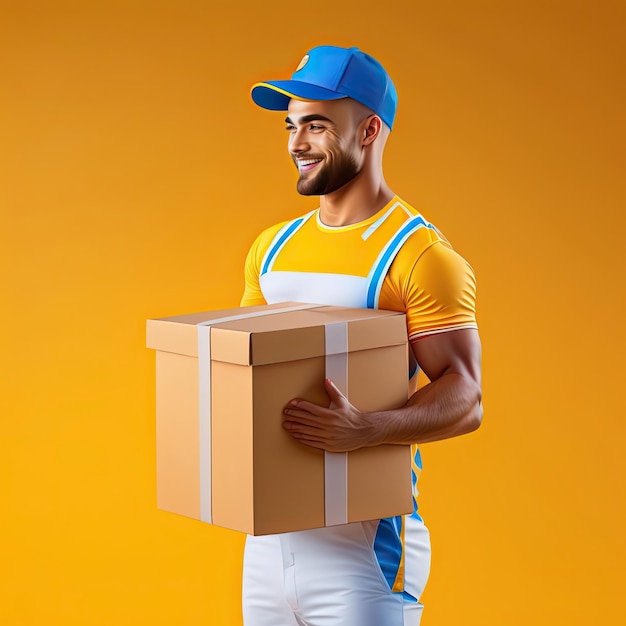 Photo delivery man holding cardboard boxes isolated on yellow background courier service delivery banner