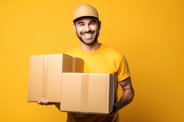 Delivery man holding cardboard boxes isolated on yellow