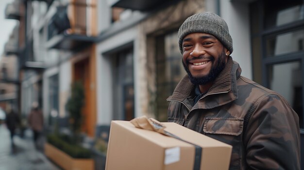 Delivery Man Holding a Package in the City