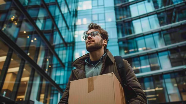 Delivery man holding a package in front of a warehouse