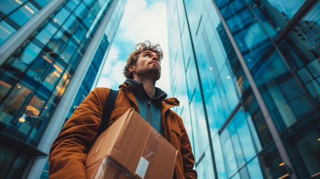 Delivery man holding a package in front of a warehouse