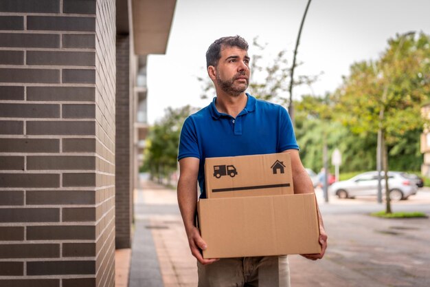 Delivery man holding a small boxes outdoors