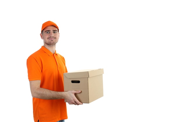 Delivery man holds box, isolated on white background