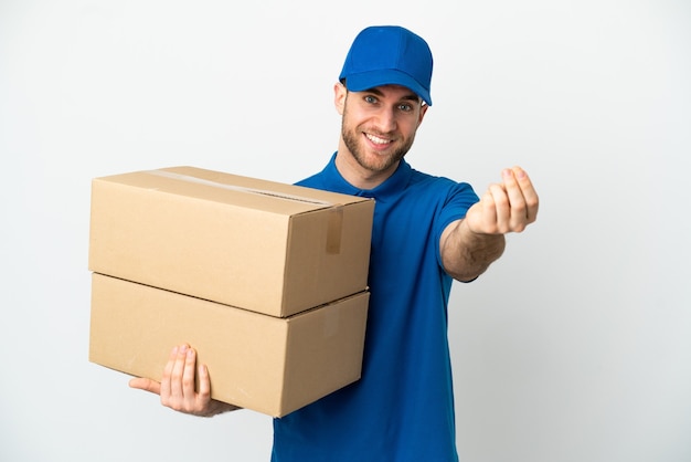 Delivery man over isolated white background making money gesture