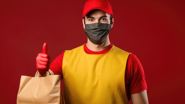 Delivery man in mask is giving a thumbs up while holding a paper bag signaling good service or approval