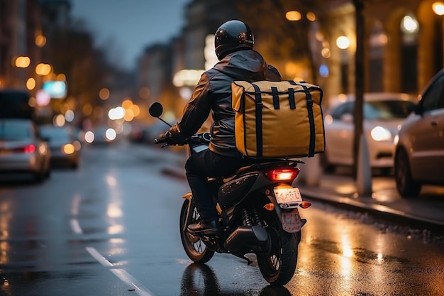 Delivery man on a motorcycle with a yellow bag Generative AI