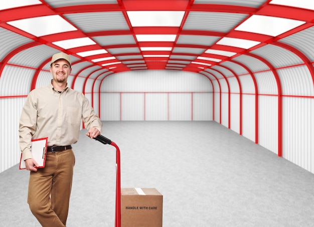 Delivery man portrait and 3d empry warehouse