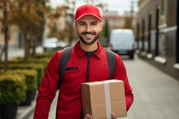 a delivery man in red is holding a box