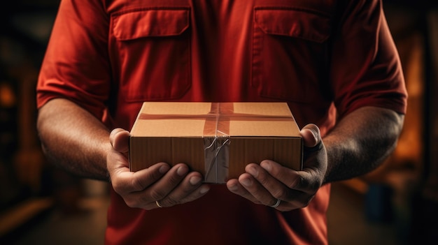 delivery man in red uniform holding parcel