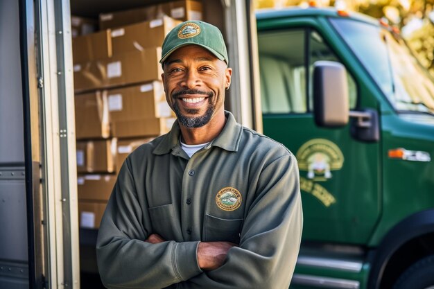 Photo delivery man in red uniform isolated on blue background studio portrait male employee in cap tshirt print working as courier dealer hold empty cardboard box service concept mock up copy space