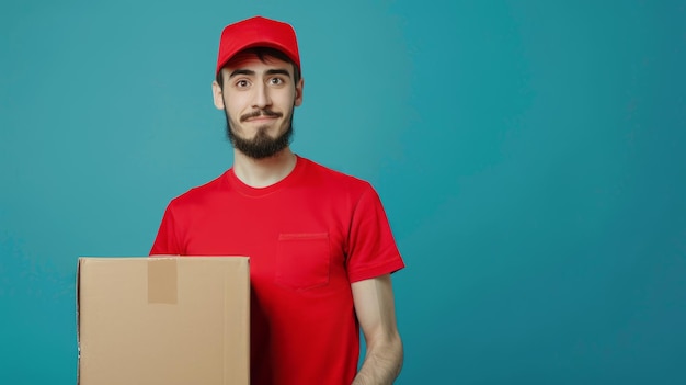 Delivery man in red uniform isolated on blue background studio portrait Male employee in cap tshirt print working as courier dealer hold empty cardboard box