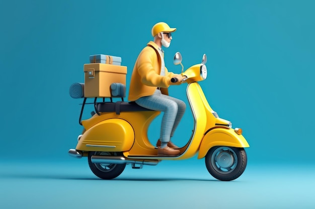 Delivery man ride scooter motorcycle for online delivery service on blue background Generative AI