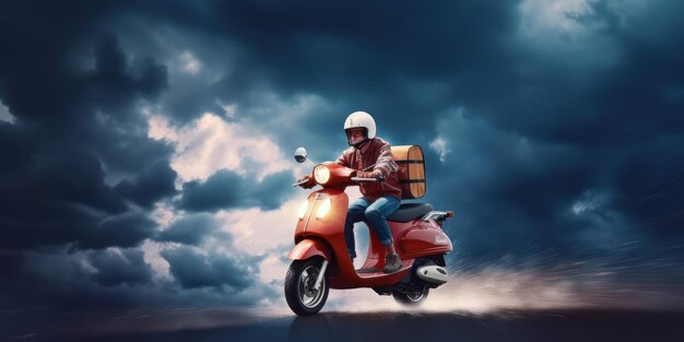 Delivery man ride scooter motorcycle on thunder storm background Generative AI