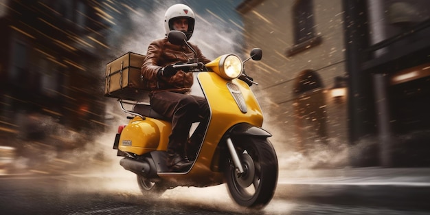 Delivery man ride scooter motorcycle on thunder storm background Generative AI