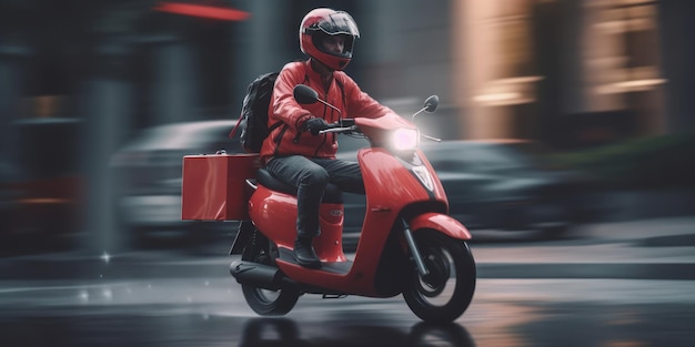 Photo delivery man ride scooter motorcycle with motion blur cityscape background generative ai