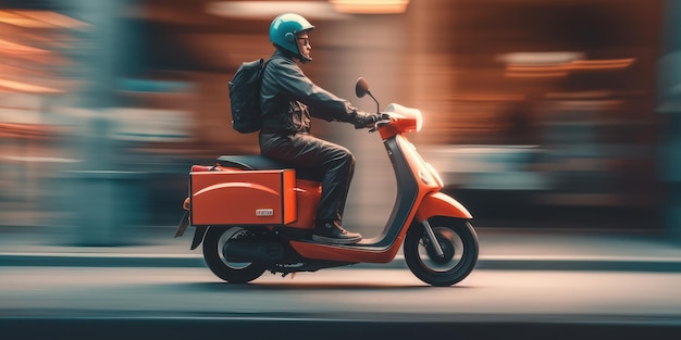 Delivery man ride scooter motorcycle with motion blur cityscape background Generative AI