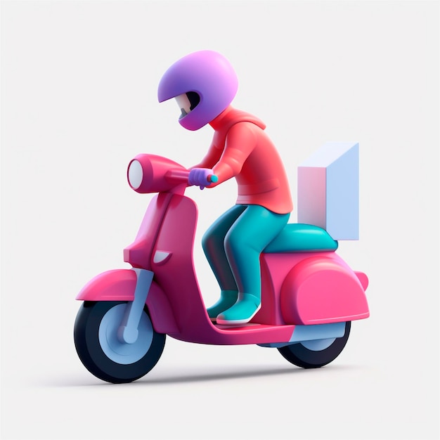 Delivery man riding moped scooter 3D icon cartoon style isolated on white background AI generated