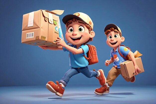 Delivery man runs with the package in his hands 3d illustration cartoon character express delivery concept