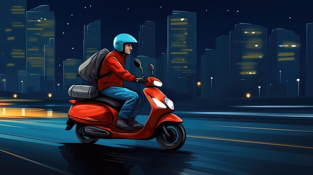 Доставщик на скутере в городе ночью