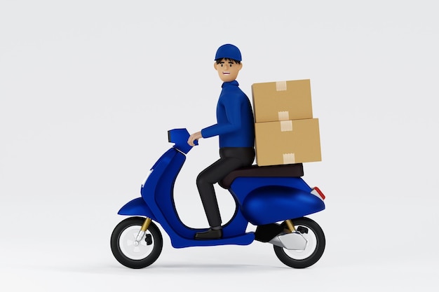 Delivery man on scooter delivery parcel box shipment service and mail delivery courier concept 3D rendering