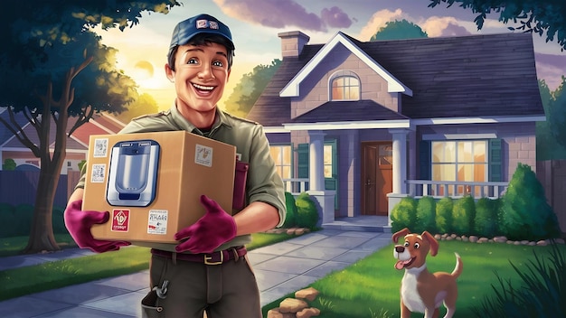 Delivery man smiling and holding a cardboard box