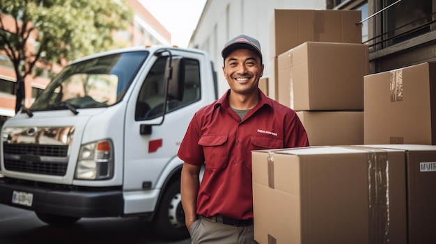 Delivery man stand in front of van and boxes