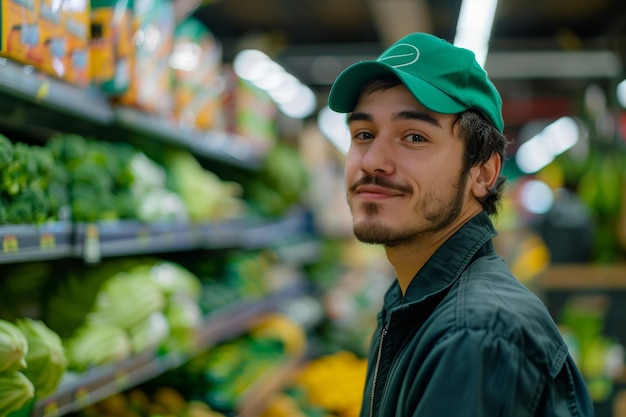 Delivery man standing in supermarket Generative AI