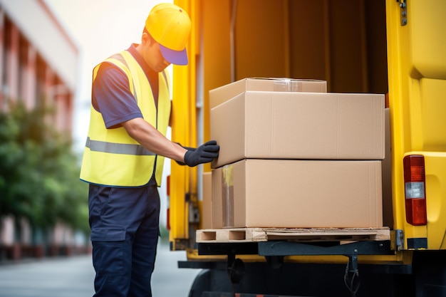 Delivery man in uniform loading cardboard boxes on truck