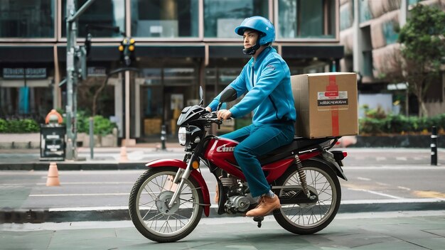 Delivery man wearing blue uniform riding motorcycle and delivery box