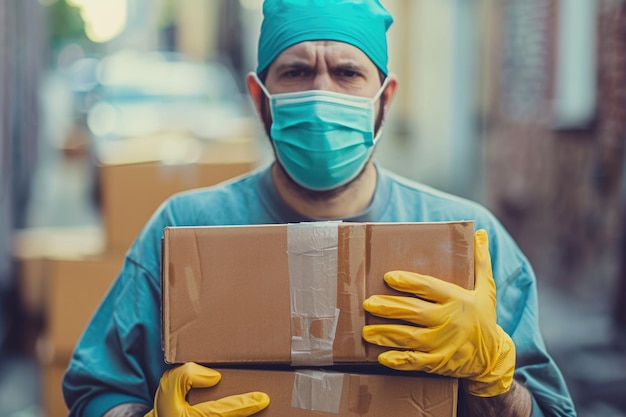 Photo delivery man with boxes in medical gloves and mask fast online shopping during quarantine