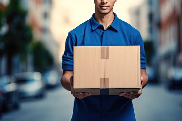 Photo delivery man with cardboard box street in the background delivery and logistics generative ai