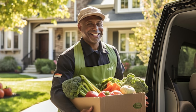 Delivery man with fresh organic vegetables at a house