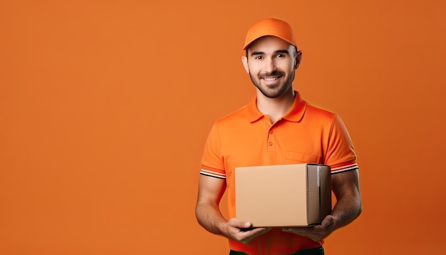 delivery man with a package male courier wearing uniform holding box