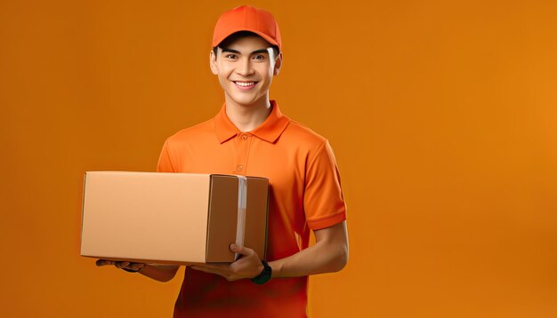 Delivery man with a package male courier wearing uniform holding box