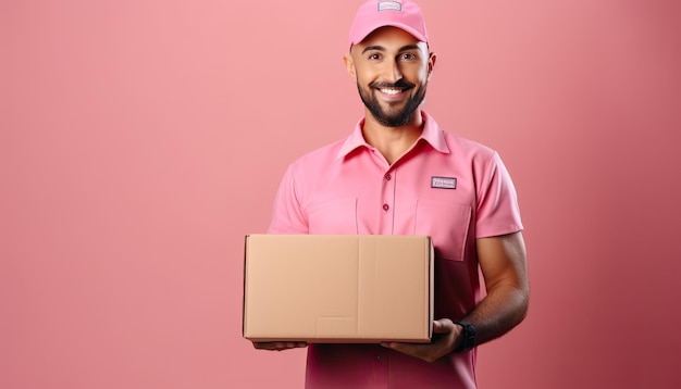 delivery man with a package male courier wearing uniform holding box