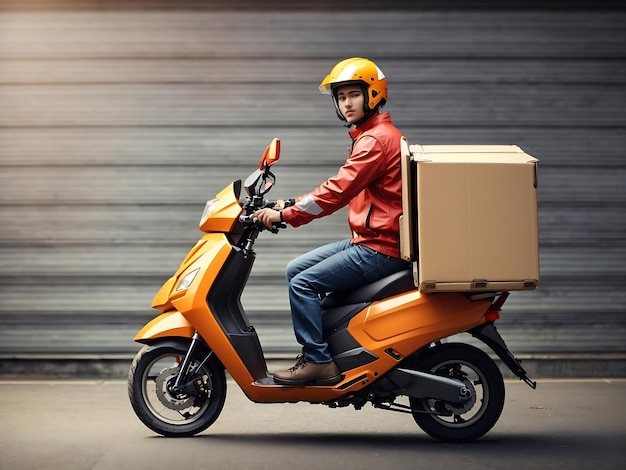 Delivery motorbike or scooter driver with courier box on back wide frame with copy space area Ai