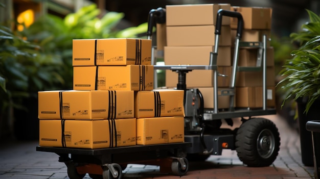 Photo delivery or moving house concept hand truck with cardboard box