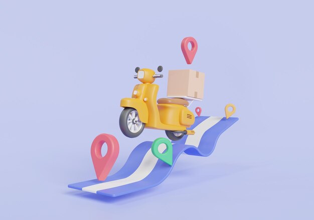 Delivery package by scooter with maps and navigation Fast delivery service online food order fast courier online shipping parcel box Concept for website and banner 3d render illustration