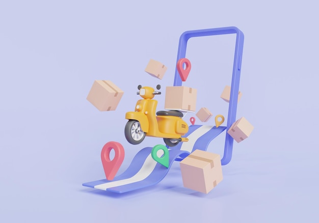 Photo delivery package by scooter with maps and navigation on mobile fast delivery service online food order fast courier smart logistic shipping online shipping parcel box 3d render illustration