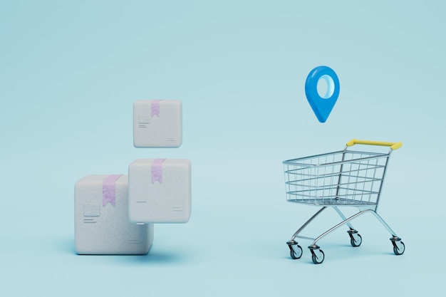 Delivery of parcels to the address shopping cart jps point and parcel on a blue background 3D render