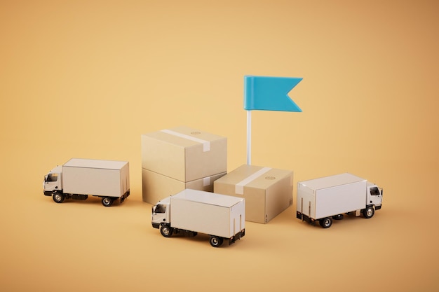 Delivery of parcels to the address trucks boxes with parcels and a finish flag 3D render