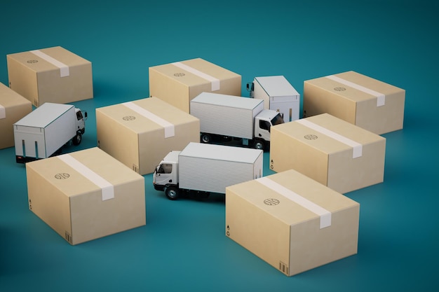 Delivery of parcels to the address trucks and boxes with parcels on a turquoise background 3D render