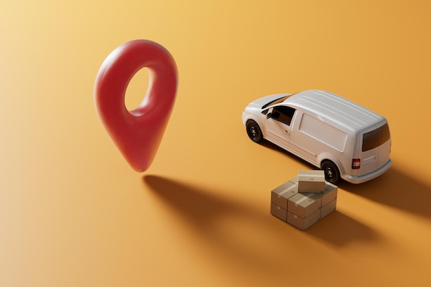 Delivery of parcels to the specified address a truck next to which the parcel and the point of the GPS 3D render