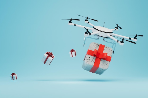 Delivery of parcels using drones drone and gift boxes on a blue background 3D render