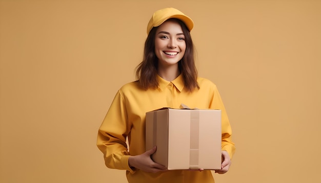 배달 사람 및 배송 개념 웃는 배달 여성 노란 유니폼과 패키지 상자