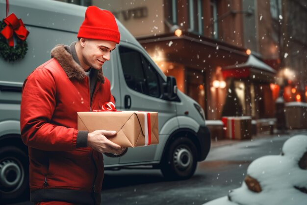 The delivery person brought the gift box or order on a cargo van