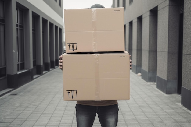 Delivery person carrying boxes in front of his face